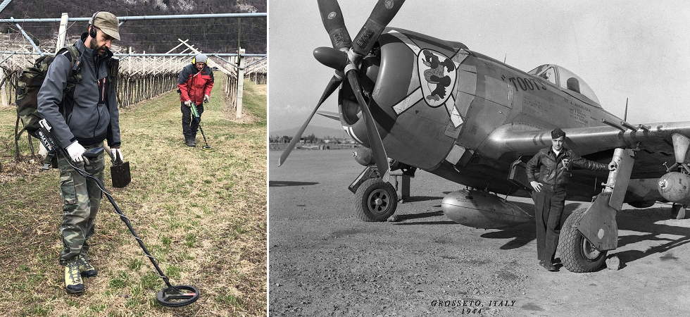 A sinistra i ricercatori dell'associazione Benach a Sano, a destra un Caccia P-47D simile a quello caduto a Sano